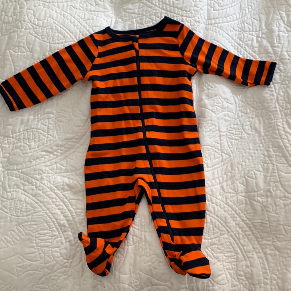 Blue and orange stripe onesie